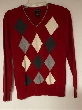 Rafaela Red Argyle V-Neck Sweater with Gray and Cream Diamonds